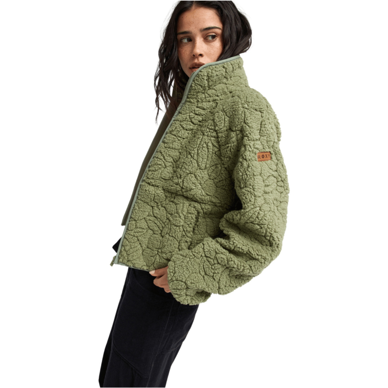 2026 Roxy Womens Blurry Cloud Full Zip Relaxed Fleece  ERJPF03212 - Oil Green Outline Mo